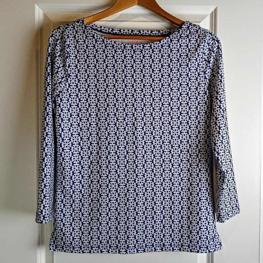 Vineyard Vines Navy Blue & White Geometric Print LS Top